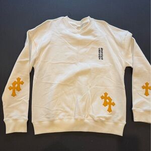 Chrome Angels White Crewneck Sweat shirt with yellow Accent leather Crosses